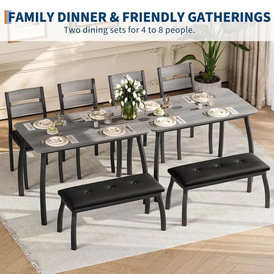 43 Dining Table Set for 4, Wooden Kitchen Table with Upholstered Bench amp 2 Cushion Chairs, Industrial Dinette Set for Studio,