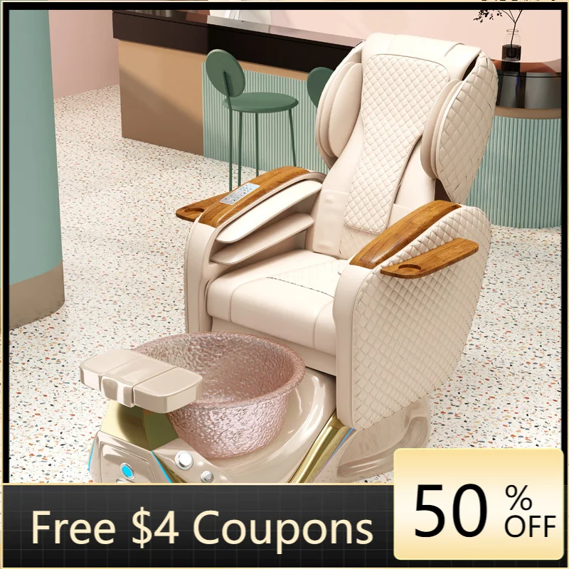 Luxury Beige PU Pedicure Spa Chair with Glass Foot Basin, Electric Reclining Foot Massage Chair Wooden Armrest Nail Salon Furnit