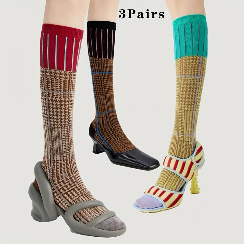 

3 Pairs American Vintage Knee-High Socks Color-Blocked Retro Maillard-style color Stripes Fine Check Autumn Calf Socks