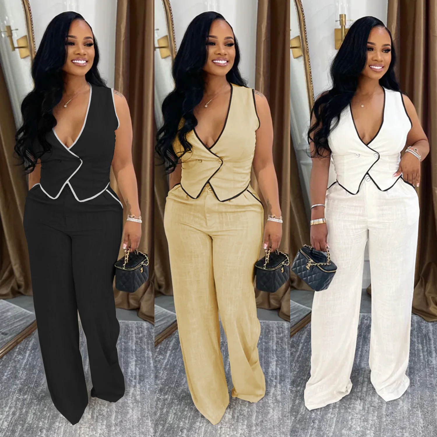 

Fashion Women's Set Strapless Vest Tops and Wide Leg Pants Suit 2025 Summer Street Two 2Piece Sets Outfit Tracksuit
