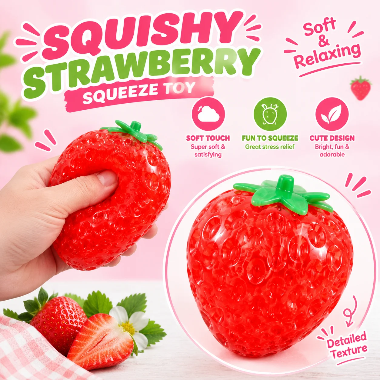 6cm Strawberry Squishy Flour Filled Stress Relief Toy Simulation Fruit Squeeze Toy Cute Gift Wholesale Xiaohongshu Same Style