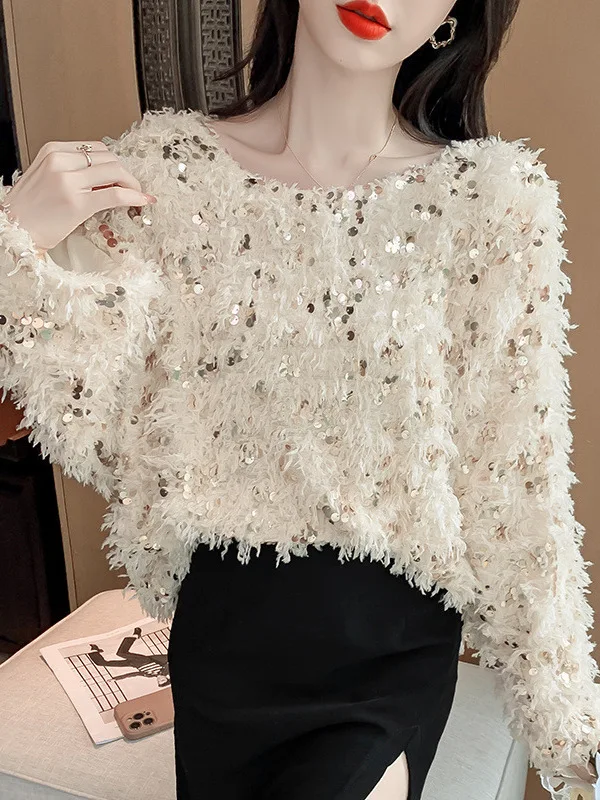 Luźny sweter damski, warstwa bazowa, top z cekinami, luźny krój, jesień-zima, gruby, wygodny, modny.