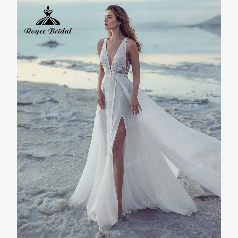 

Romantic Sleeveless Split Chiffon Lace Boho Bohemian Wedding Dress for Women 2025 Customzied Backless Bridal Gown robe de mariée