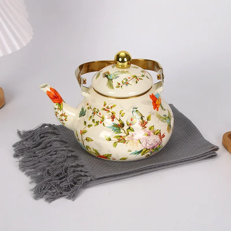 

Kitchen Cookware Enamel Kettle Boiling Water Boiling Milk Coffee Pot Gold Handle Pear Shape Steel Handle Enamel Boiling Kettle