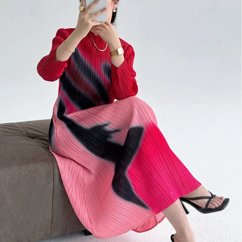 Miyake novo estilo francês vestidos femininos de manga comprida elegante temperamento impresso plissado emagrecimento cabido longo vestido de camadas