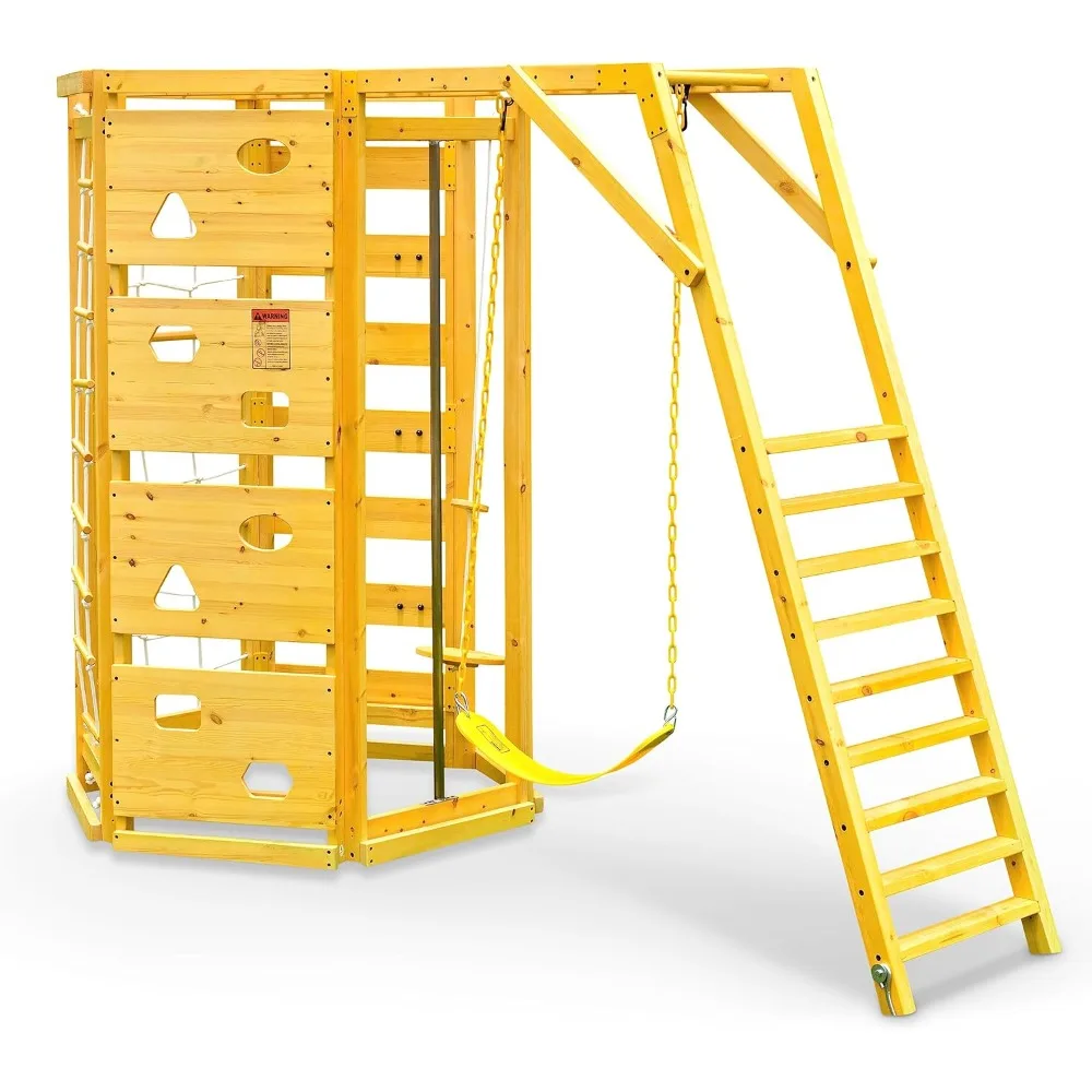 Playground 9-in-1 Outdoor Activity Center Swing, Rock Wall, Monkey Bars Pine Wood Construction Climbing Rope