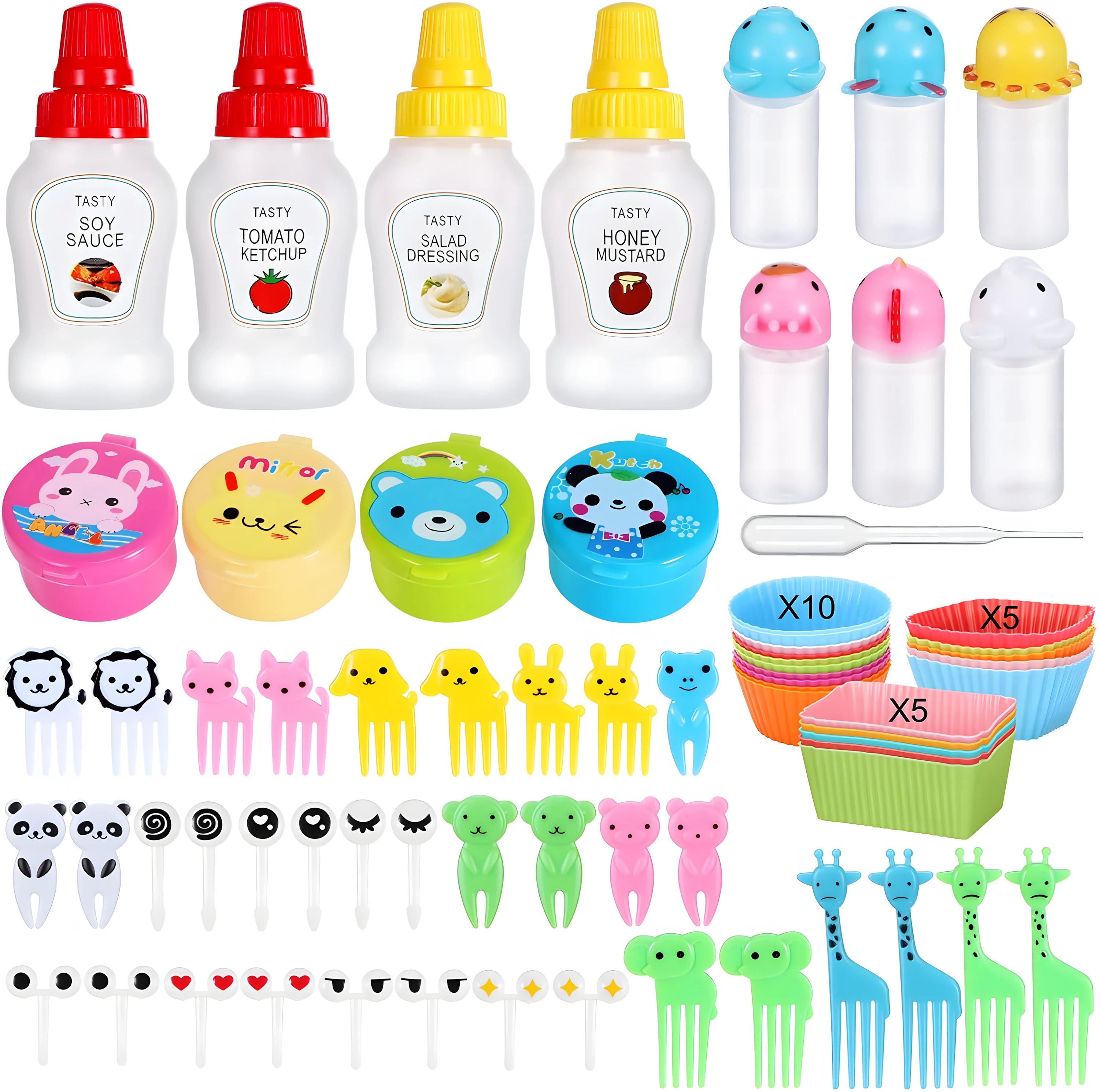 Kids Bento Lunch Box Accessories With Fruit Forks Food Picks Mini Squeeze Bottles Soy Sauce Container and Silicone Cupcake Liner