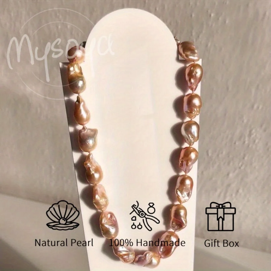 

MYSOYA Large Pink Baroque Freshwater Pearl Necklace 11-14mm with Gift Box, A Gift for Him/ Her, Suitable for Birthday/ Wedding