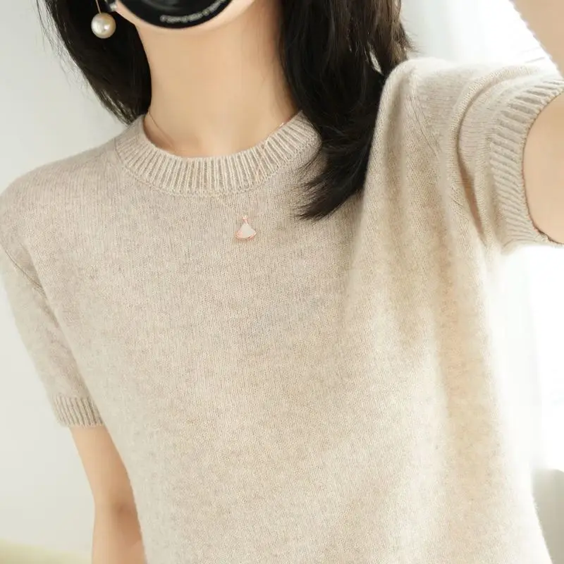 Women\'s Summer New Slim Solid Color Knitted Round Neck Pullover Short Sleeve Fashion Commute All Match Sweater Underlay Tops