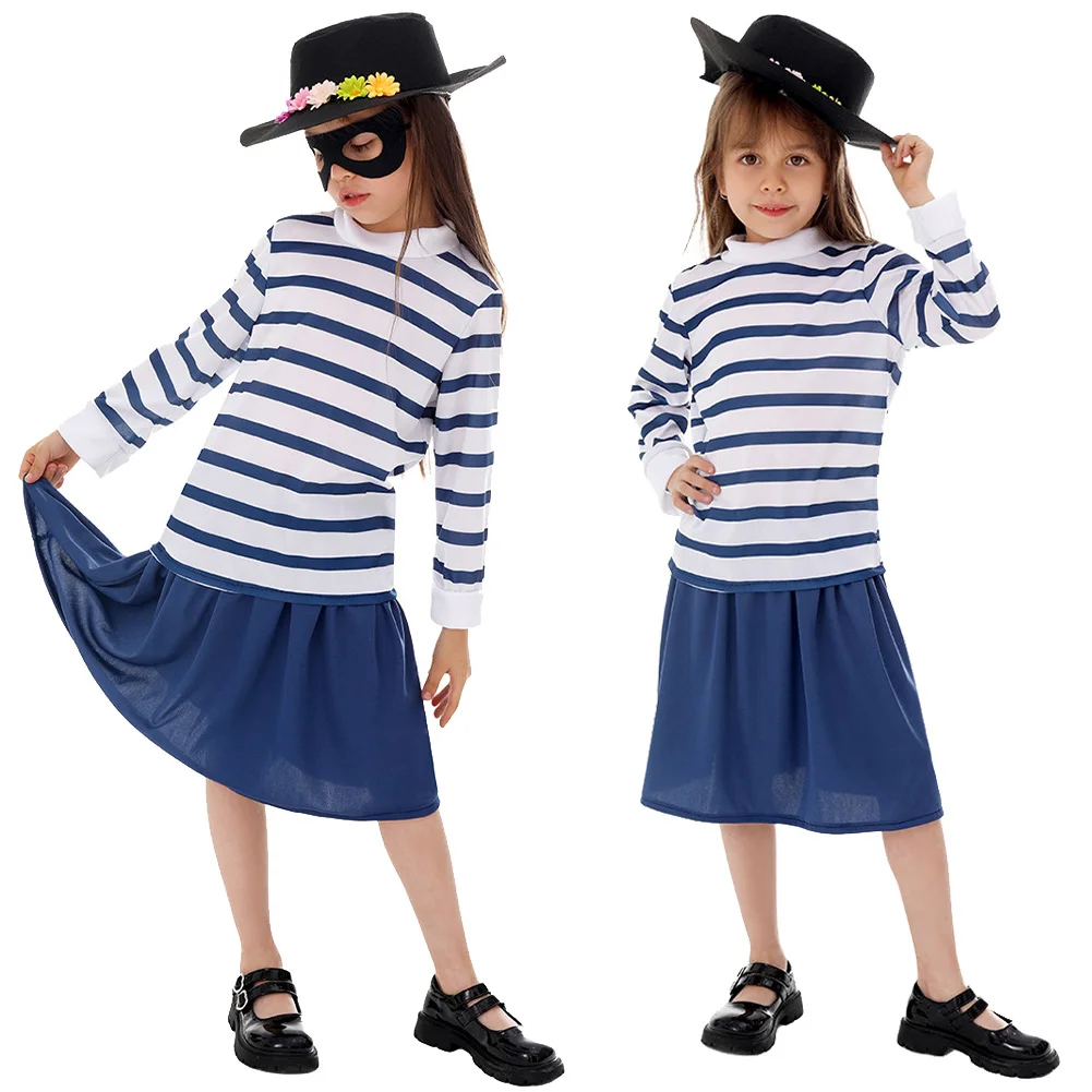 Cartoon Burglar Bill Wife Stripe Shirt Skirt Hat Glasses Cospaly Costume Outfit Kis Girls Child World Book Day Clothes Halloween