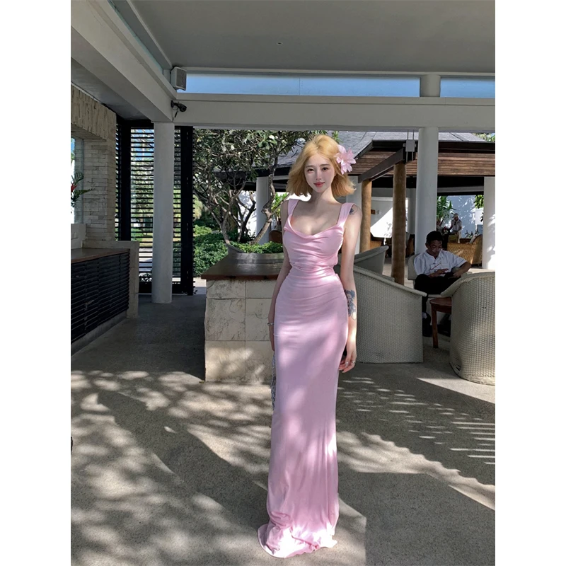 Elegancka Różowa Satynowa Długa Sukienka Damska Moda Impreza Sexy Kokarda Bez Pleców Maxi Sukienki Letnie Gyaru Wakacje Koreańska Obcisła Sukienka Vestidos