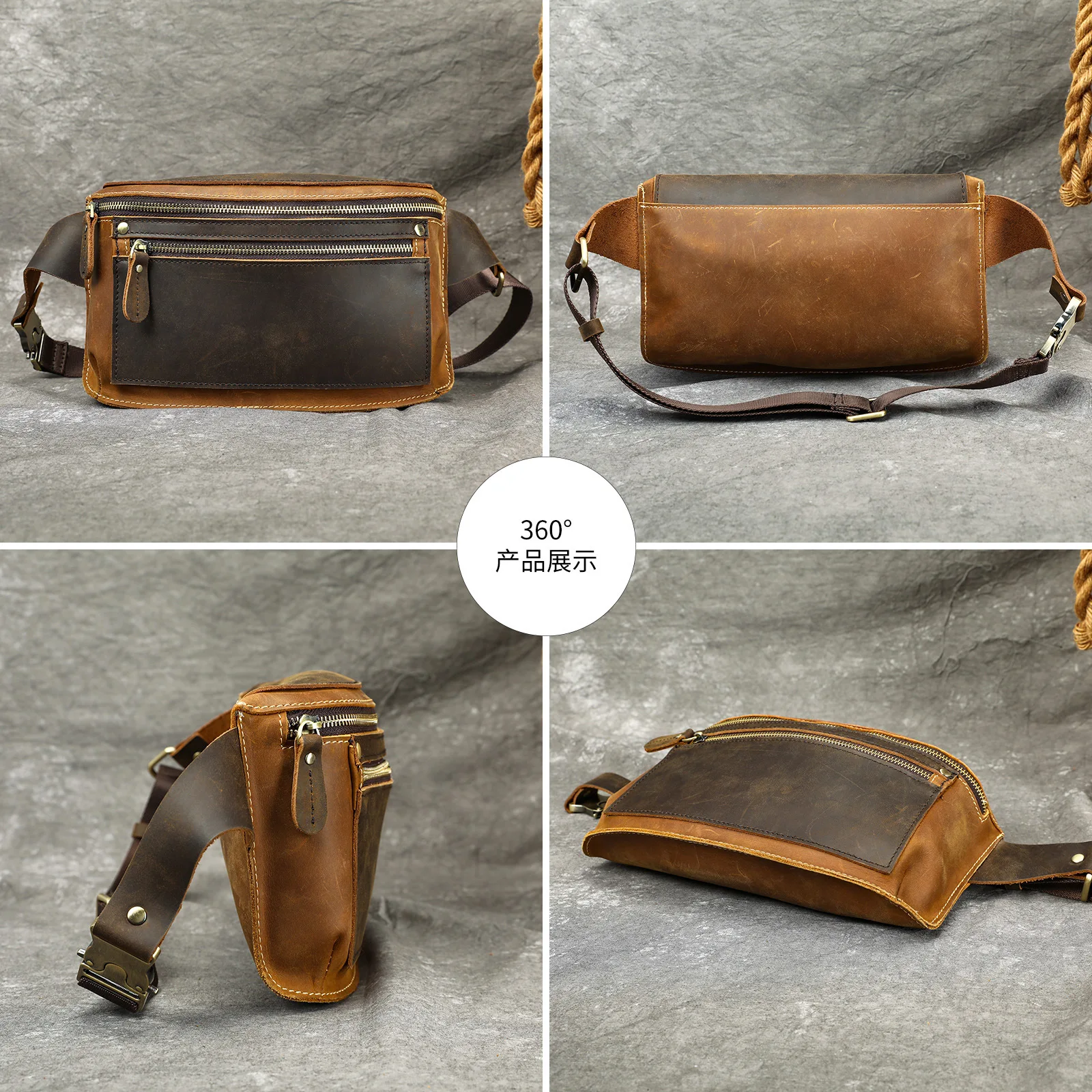 

Retro casual crazy horse leather waist bag high-grade men match color large capacity simple chest bag real leather satchel