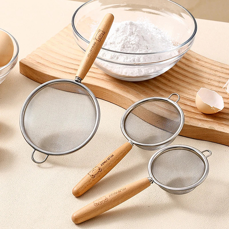 Wooden Handle Flour Sieve Stainless Steel Residue Filter Spoon Soybean Milk Fine Mesh Strainer Household Kitchen Baking Tool