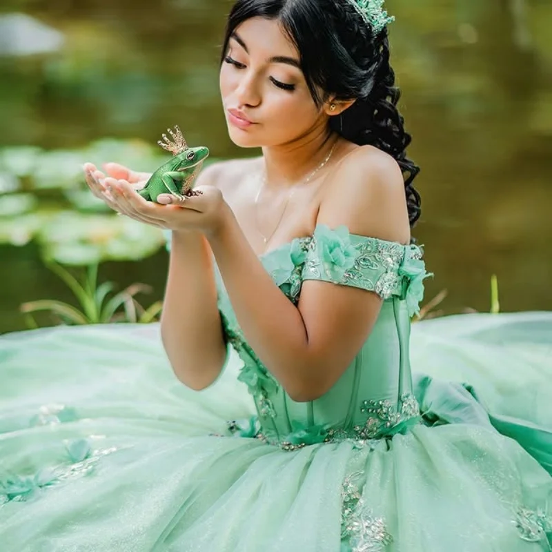

mint green Shoulder Quinceanera Dress Lace glitter decal crystal 3D flower Big Bow vestidos de 15 Quinceanera ﻿Customized