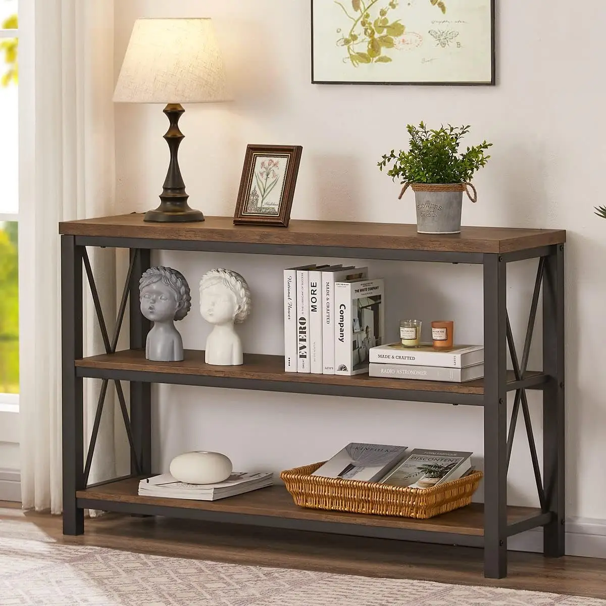 Rustic Console Table Behind Couch, Industrial Entryway Table with Shelves, Farmhouse 3 Tier Sofa Tables for Living Ro