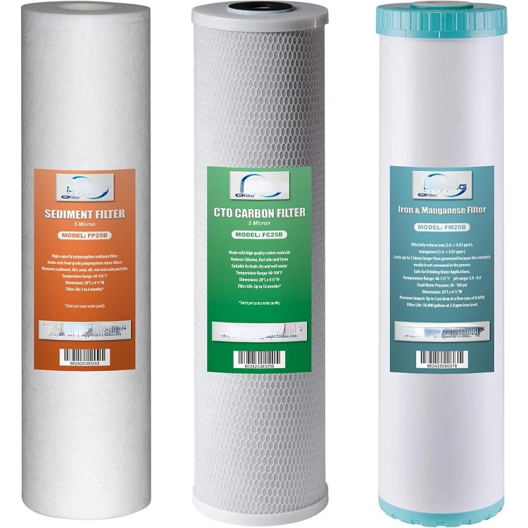 4.5” x 20” 3-Stage Whole House Water Filter Set Replacement Pack with Sediment, CTO Carbon Block, and Iron & Manganese