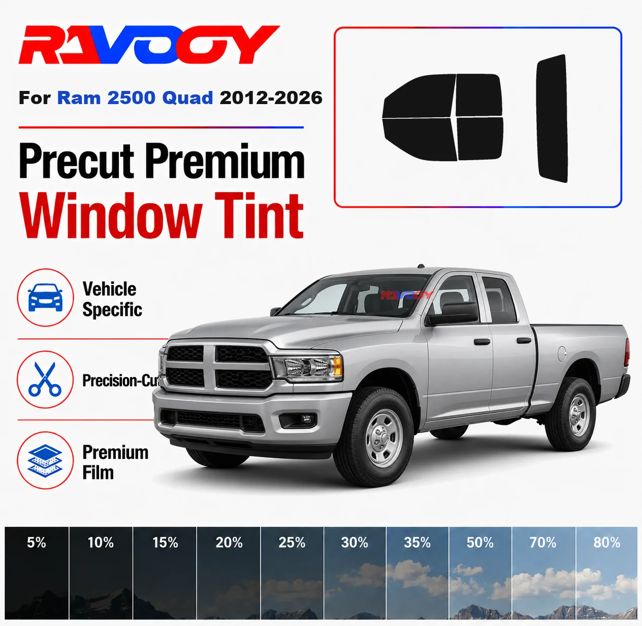 

Premium Precut Window Tint Kit Front Rear Windows Rear Windshield For Ram 2500 Quad 2012-2026 Complete Set Nano Ceramic Film