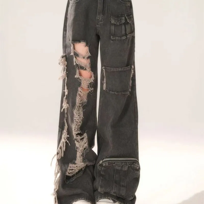 ハイウエストジーンズ レディース ワイドレッグ デニムパンツ ダメージ加工 フリンジ バギー カーゴスタイル ヴィンテージ ストリートウェア Y2K トラウザーズ