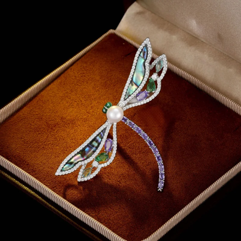 Light Luxury Natural Mother-of-Pearl Micro-Inlaid Zircon Dragonfly Brooch for Women, High-End Coat Clothing Fixed Pin, Pearl Bro