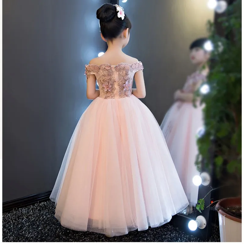 Glizt Girls Shoulderless Wedding Dress Bead Appliques Party Tulle Princess Birthday Dresses First Communion Gown For Girls