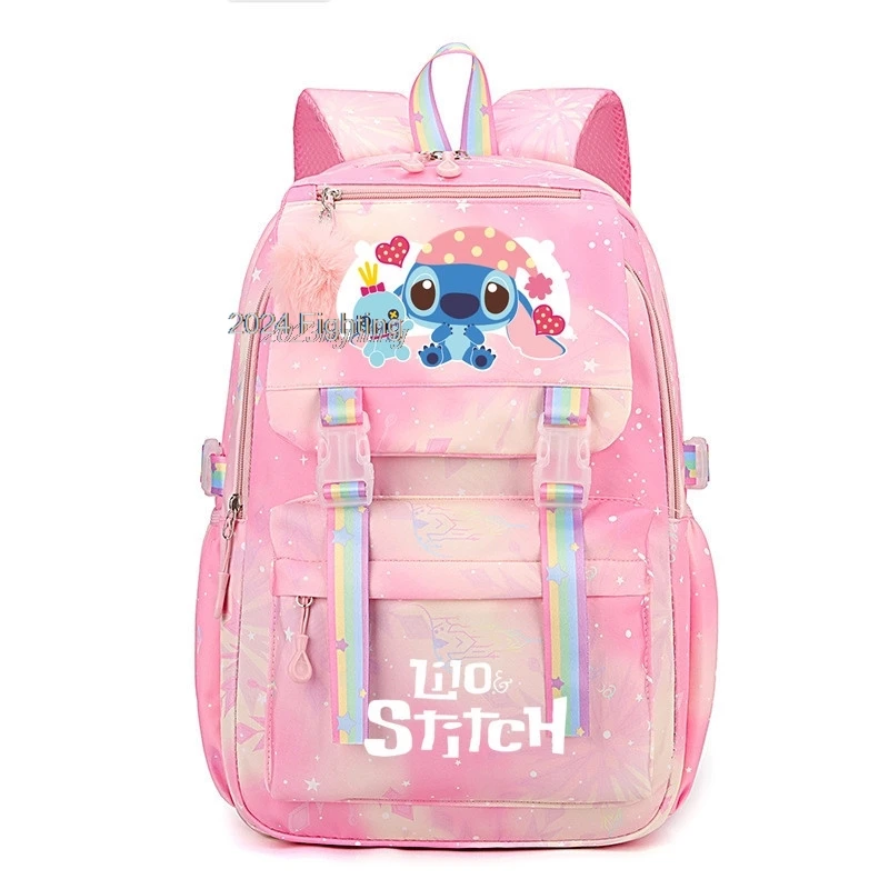 Lilo & Stitch mochila ligera para niñas, mochila escolar Kawaii con múltiples bolsillos, Bolsa Escolar con nudo de lazo primario