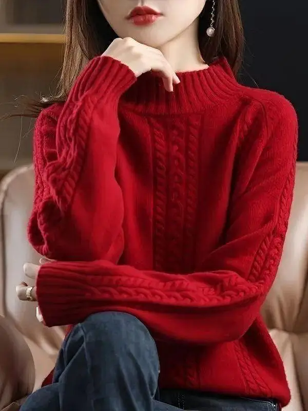 

Женский осенне-зимний свитер с высоким воротом, вязаный, повседневный, базовый слой, модный, с узором «косы»
