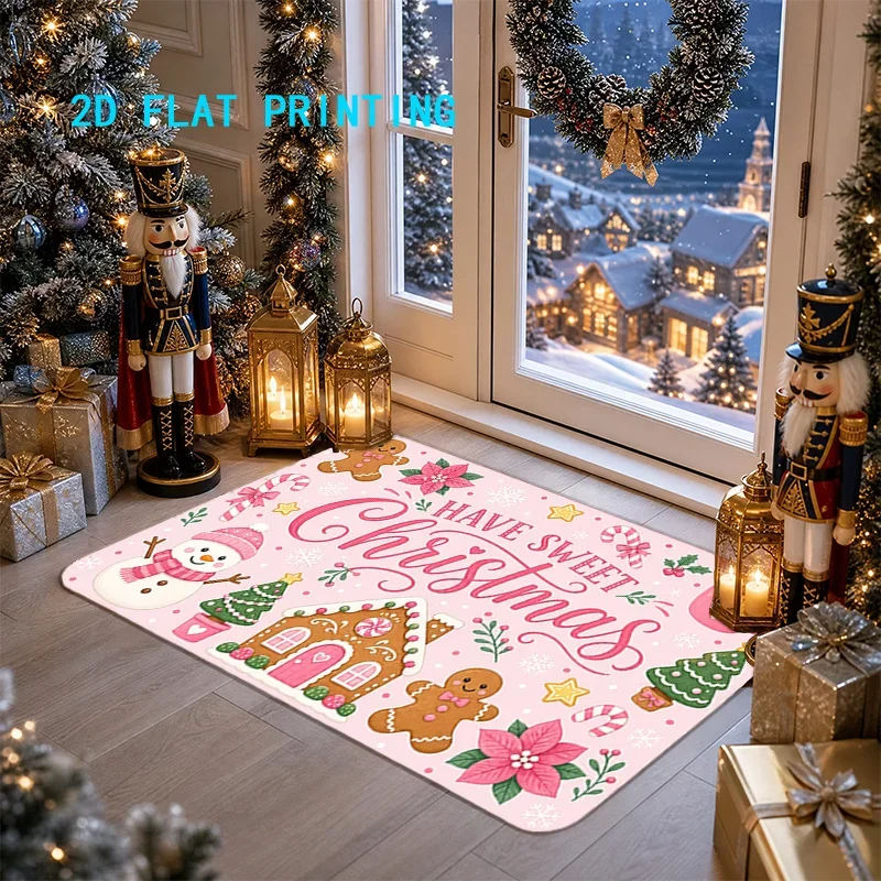 VIKAMA Christmas Doormat Pink Gingerbread Man Welcome Rug Non Slip Floor Mat for Home Kitchen Bathroom Entry Xmas Decor