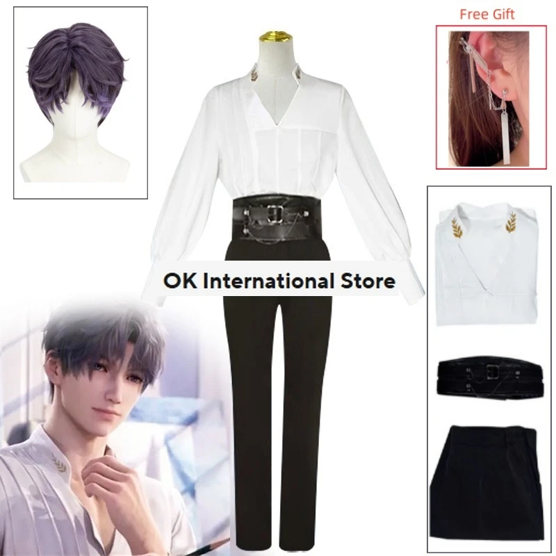 

Game Love and Deepspace Rafayel Cosplay Costume Earrings Mo Art Studio Purple Wig White Shirt Uniform Man Carnival Birthday Suit