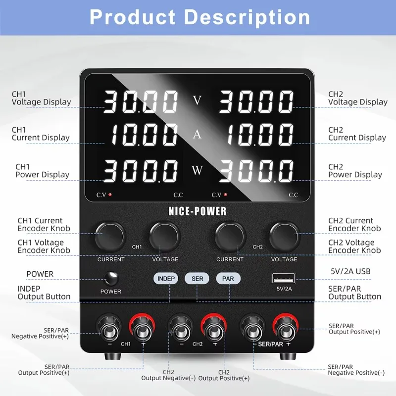 NICE-POWER SPS3010-2KD 30V 60V 10A 20A 300W 600W Dual Channel Output Lab DC Power Supply Voltage Regulated Three Channel