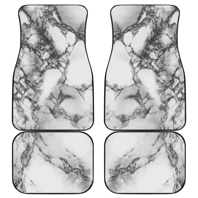 White Dark Grey Marble Print Front and Back Car Floor Mats Heavy Carpet Front and Rear Full Set 4PCs Pack