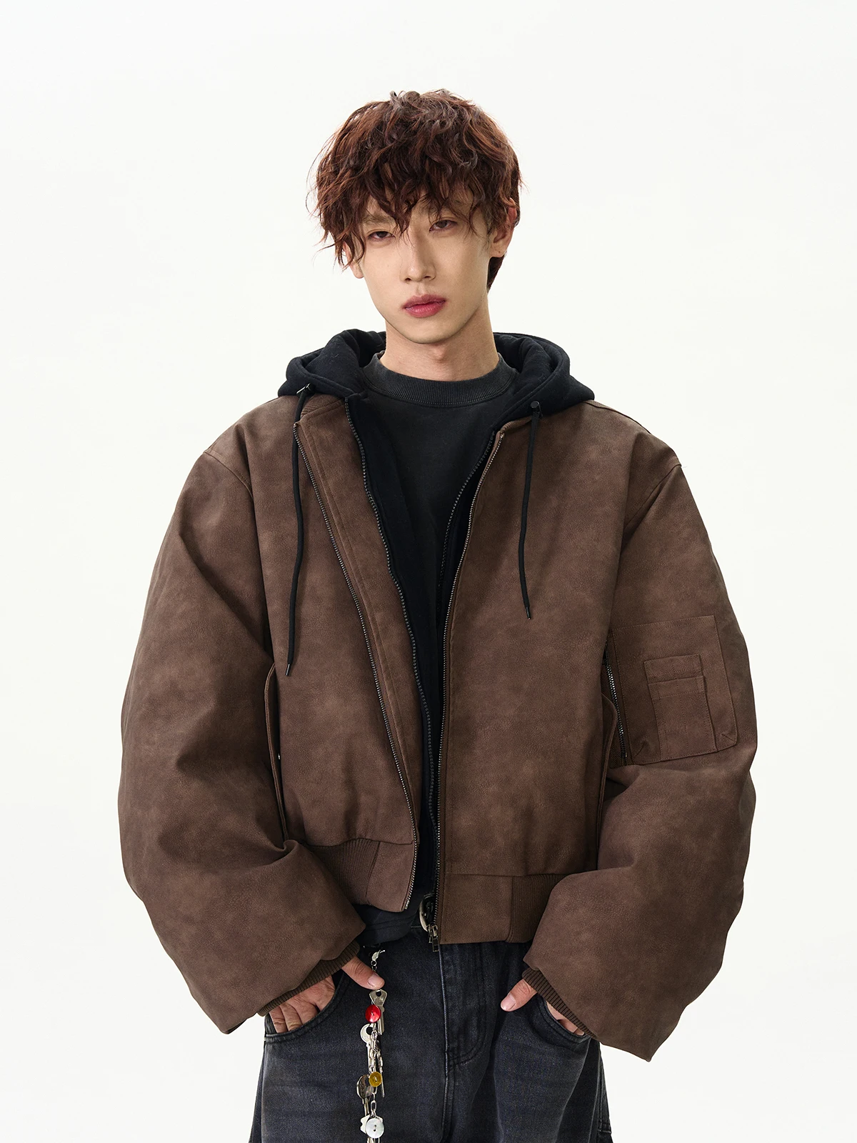 

Американская утепленная кожаная куртка-бомбер в стиле High Street с двойным слоем и хлопковым жилетом для молодежи на весну, осень и зиму