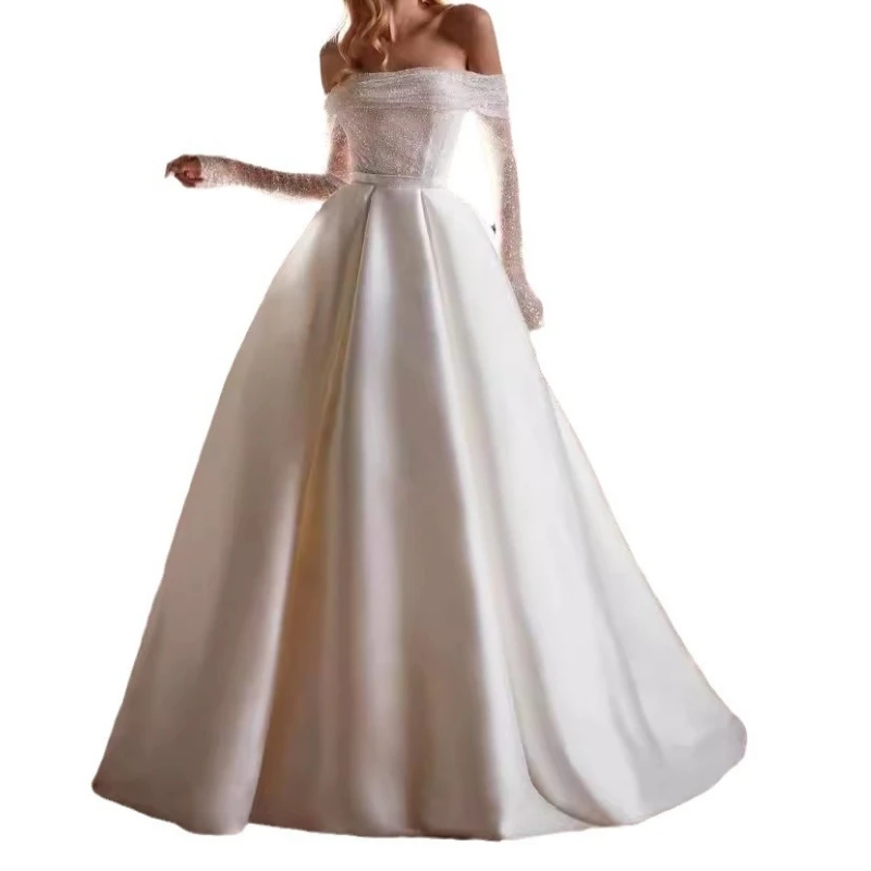 Abiti da sposa personalizzati a maniche lunghe per le donne con spalle scoperte gonna gonfia in raso abito da sposa taglie forti vestido de noiva casame