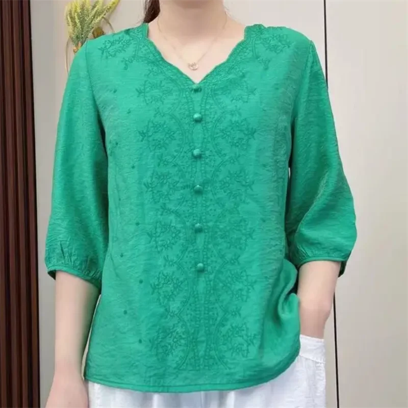 Women\'s Clothing Vintage Ethnic Style Embroidery Elegant Blouses Summer V Neck Half Sleeve Loose Shirts Ladies Cotton Linen Tops