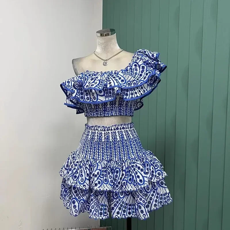 

New Summer Holiday 2 Piece Set Sexy Women Off Shoulder Embroidery Ruffles Hollow Out Cotton Short Tops + Cake Mini Skirt Suits