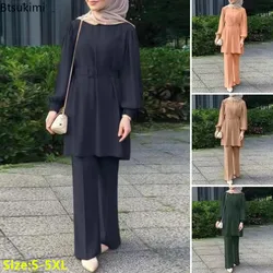 2024 Elegant Muslim Sets for Women Long Sleeve Blouse with Belt Pants Casual Suit Turkey Abaya Eid Mubarek Outfit Islam Clothing