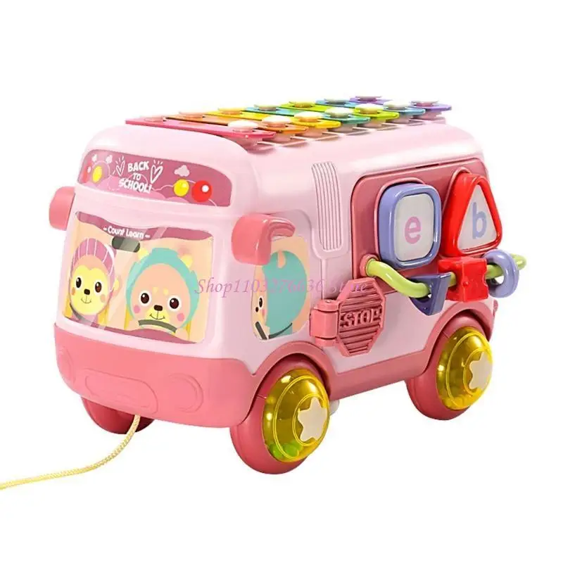 

R6FD Push Pull School Bus Toy Xylophone Percussion with Building Blocks Sorter Music Birthday for Kids