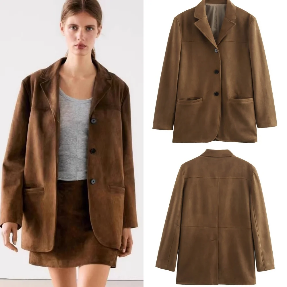 Vintage Women Clothing Loose Suede Jackets 2024 Fashion Ladies Brown Faux Leather Outfit for Female HighStreet Chic Outerwears