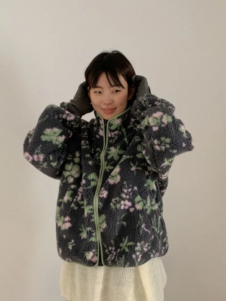 Winter New Vintage Lamb Velvet Printed Jacket Women's Loose Lazy Style Design Warm Cotton Coat Female Outerwear Coat