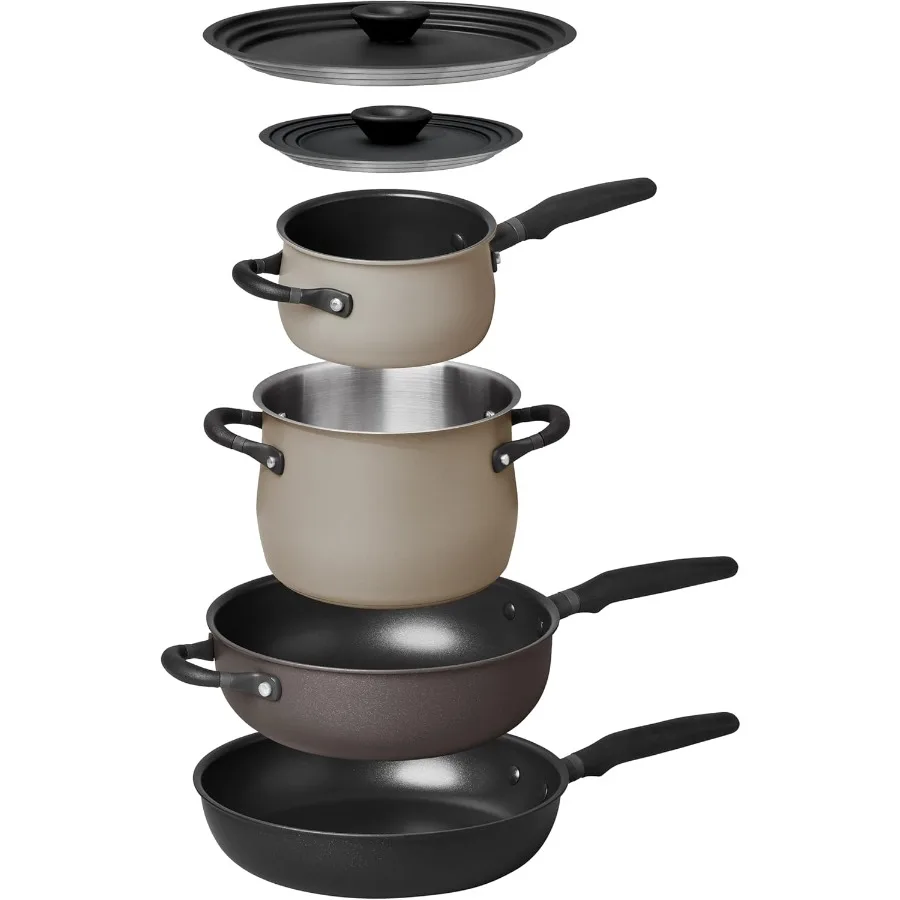 

Набор штабелируемой посуды из 6 предметов с универсальными крышками для эффективного хранения на кухне. Жесткий анодированный антипригарный внутренний и нержавеющая сталь.