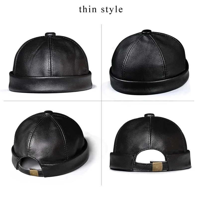 Spring/Winter Women Genuine Leather Cowhide Retro Watermelon Thin Beanie Hats Male Casual Caps Female Black Bonnet Mujer