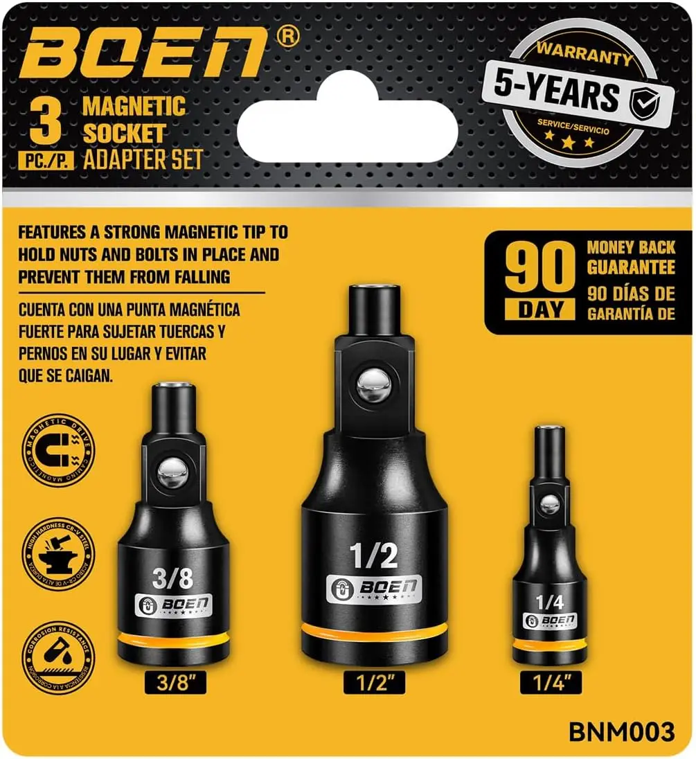 

3-Piece Magnetic Socket Extension Set, 1/4', 3/8', 1/2' Drive for Automotive & DIY Repair