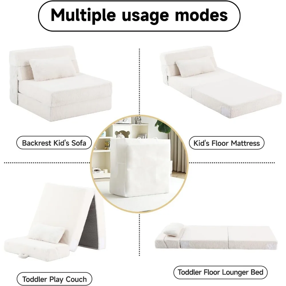 أريكة سرير للأطفال قابلة للتحويل مع مرتبة رباعية الطي، وسادة، أريكة قطيفة، تخزين محمول، كرسي للاسترخاء المريح