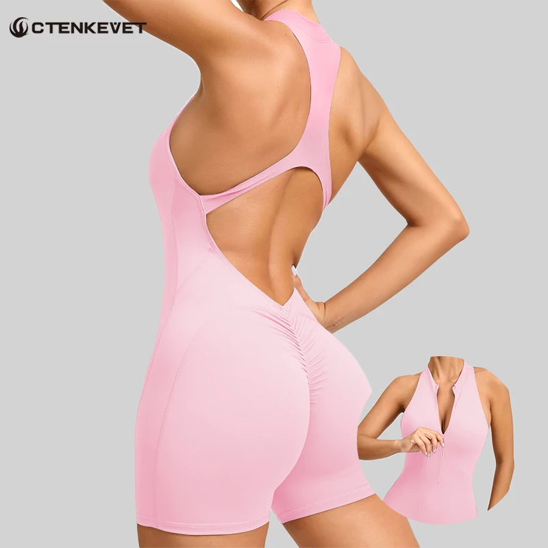 

Back V Scrunch Jumpsuits Gym Short One-Piece Suit Yoga Set Push Up Zipper Workout Rompers Fitness Sexy Sports Bodysuit Female