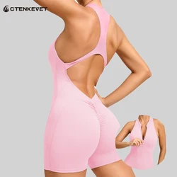 Back V Scrunch Jumpsuits Gym Short One-Piece Suit Yoga Set Push Up Zipper Workout Rompers Fitness Sexy Sports Bodysuit Female