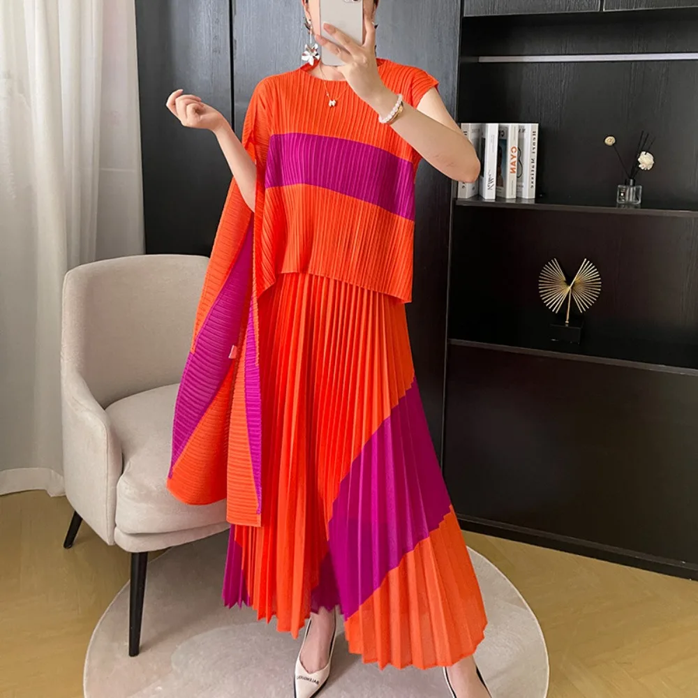 

Fashion Suit Female Spring and Summer Big Yards Irregular T-shirt Top Long Hit Color Half-body Skirt Thin Two-piece Elegant New