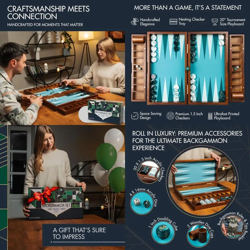 

Adult-Sized 20 Green Wooden Backgammon Set with Removable Tray, 1.5 Checkers, and Dice
