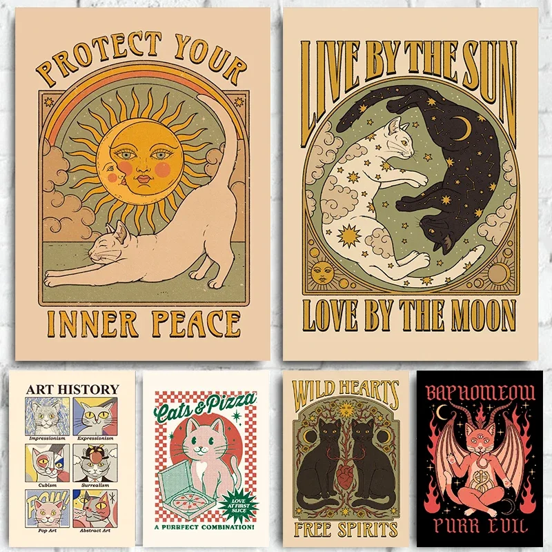 

Cat Vintage Poster Tarot Cute Vintage Sun Moon Art Poster Canvas Print Wall Art Decoration For Living Room house Room Art Decor