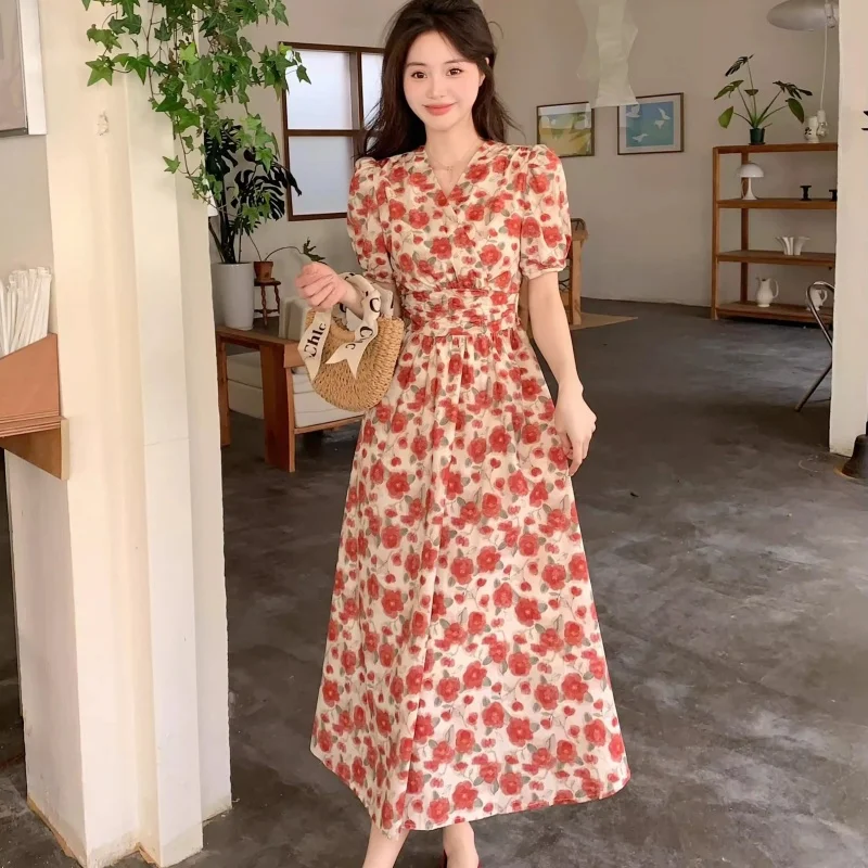 

Women Summer Red Rose Print Maxi Dress Lady Floral Ruched Slim A-Line Dress Female Elegant Fashion Travel Dress