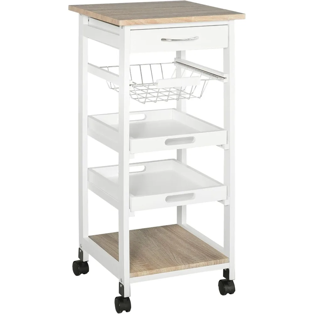 

Mobile Kitchen Cart, Rolling Kitchen Island with Storage, Solid Wood Frame Utility Cart with Wire Fruit Baskets, Trays an