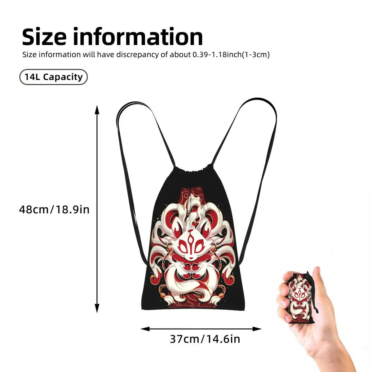 Fox Spirit Kitsune Japanese Kabuki Drawstring Backpack hiking cycling Bag Lightweight Foldable Storage Drawstring Bag Men Women